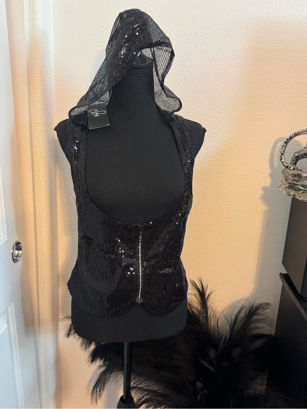 Sequined Black Hooded Tank Top - Women's Glam Vest